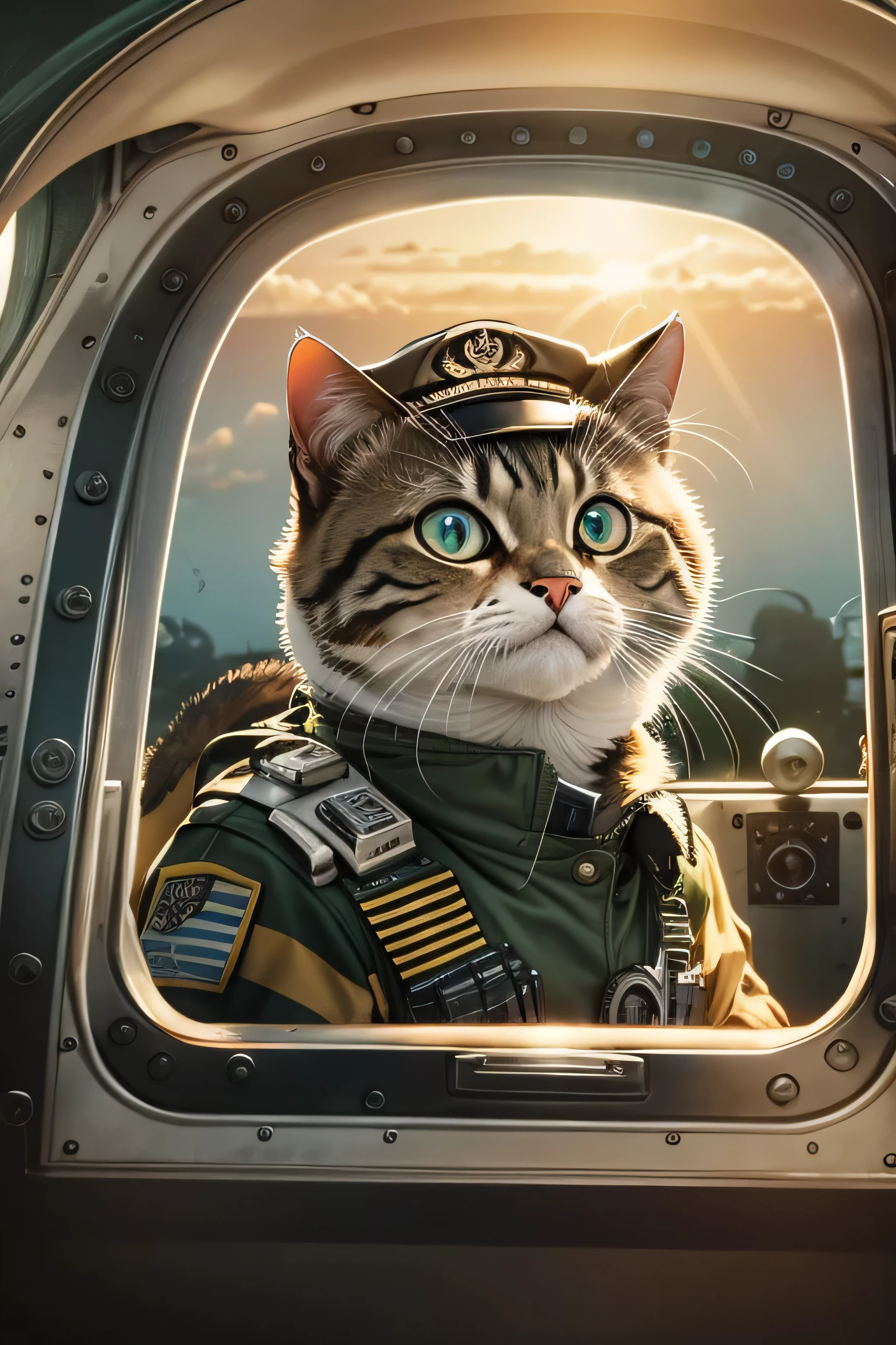 A round-eyed cat,Wear a pilot's uniform, In the driver's seat of the aircraft,rays of sunshine.
