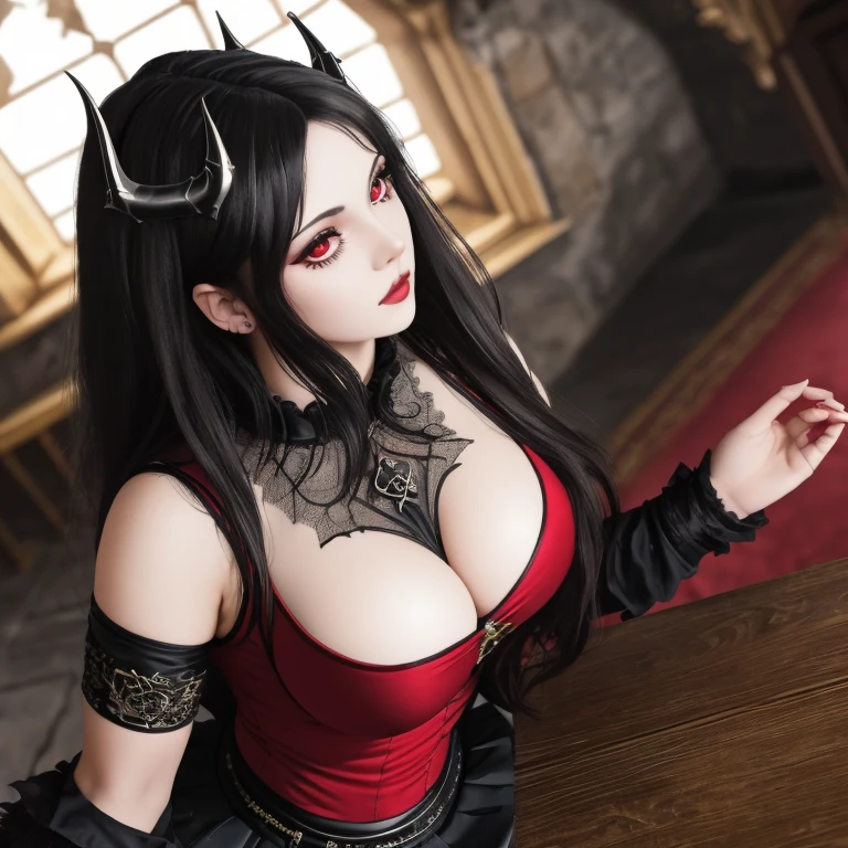 masterpiece, gothic aesthetic, dream atmosphere, ultra realistic, 16k, best quality, absurdres, perfect anatomy, 1girl, goth brunette, voluminous silky hair, cute hair fringe, goth makeup, bright red eyes (intense look), pale-white skin (highlighted), realistic shading, solo, Caera, red eyes, black t-shirt, large natural breasts cleavage, large hips, black mini skirt, tights (realistic textures), pretty seductive, upper body, beautiful girl, happy, inside a medieval castle, different poses at different angles, blurred background, cinematic, Photorealistic.