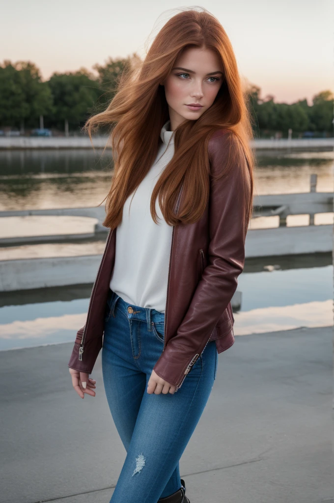 Editorial Photography 1980's style, a gorgeous serbian girl with long ginger hair. Burgundy leather jacket,  sweater, skinny denim pants and riding boots, she carries a leather backpack with her. 
The air is clear, calm and quiet ambient, detailed soft pale skin. 35 mm. (nikon d850)​, realistic skin texture, atractive features, dream beauty, ethereal beauty from Serbia, she has an angelical face and she's delicacy and sweetness in person.