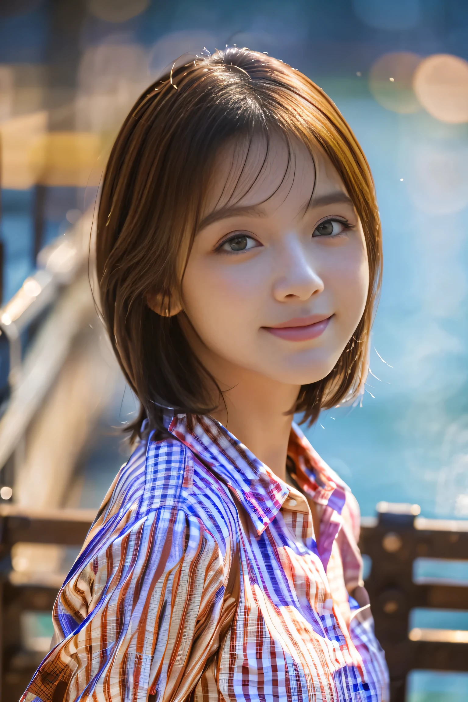 (Wide zoomed out view of head to foot length, Full body long view:1.5)、(18-year-old female), (The best quality at its best:1.4), (Super detailed), (Very detailed CG unified 16k), Beautiful woman with perfect figure: 1.4, Sharp focus: 1.2, Very detailed, High-quality RAW color photos, Professional photography, Great face and eyes, Beautiful eyelashes、cosmetics, (Amazingly beautiful girl), ((Pink gingham check shirt, White Flared Cart:1.5)), Are standing, Sexy posture，(harbor:1.3), (View from below), Realistic movie faces,  Realistic, ((Realistic natural light brown hair color, Realistic blue eyes)),( Short Bob Hair:1.5), necklace、Very beautiful face, Perfect model beauty, Mouth swelling, Highly detailed face and skin texture, Fine grain, double eyelid, Medium chest, smile, Crack, west, (masterpiece), highest quality, High resolution, Very detailed, Blurred Background, Depth of written boundary, Cinema Lighting, Great legs, High heels, Clear, well-maintained skin, (((Women make up the majority of the photo)))