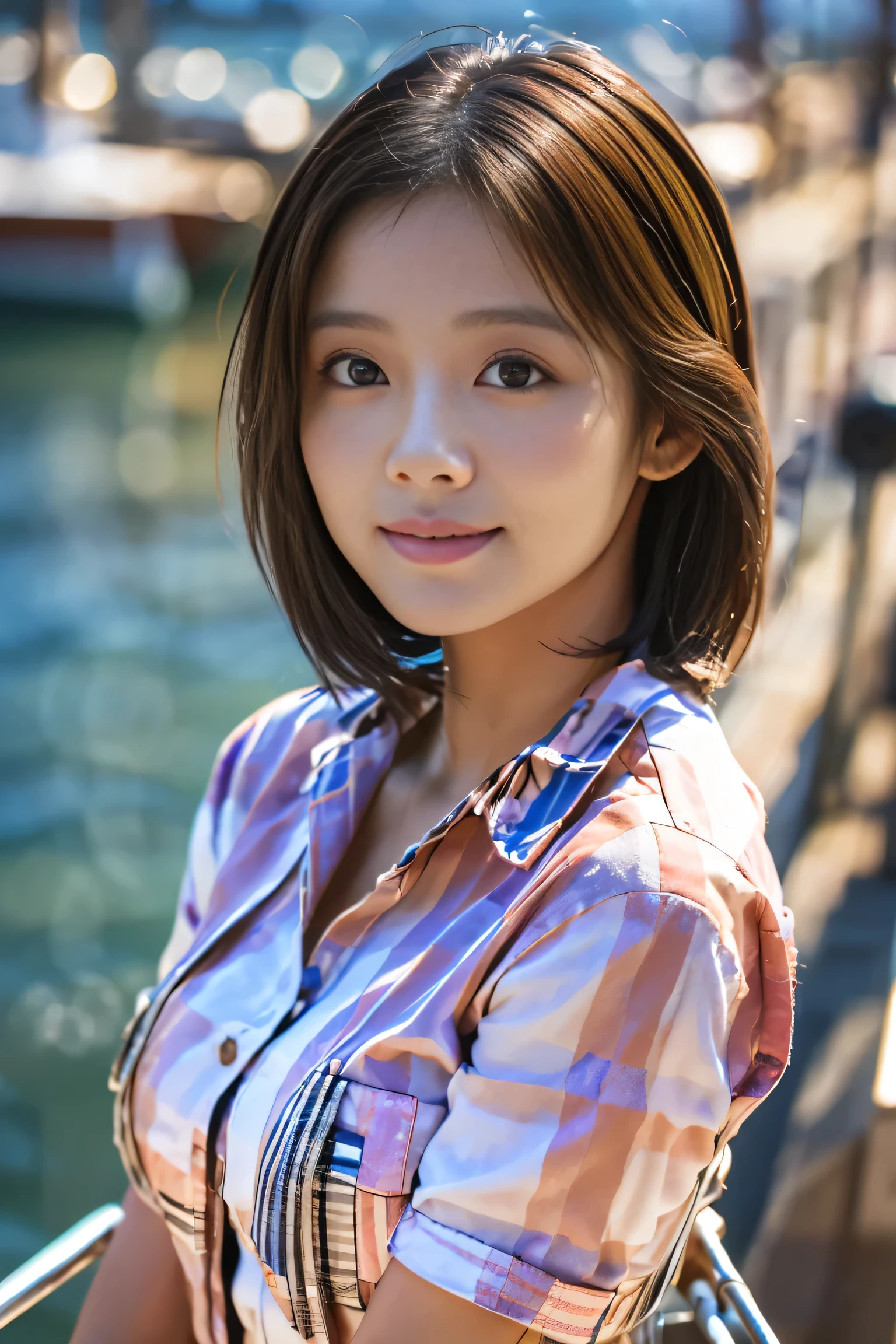(Wide zoomed out view of head to foot length, Full body long view:1.5)、(18-year-old female), (The best quality at its best:1.4), (Super detailed), (Very detailed CG unified 16k), Beautiful woman with perfect figure: 1.4, Sharp focus: 1.2, Very detailed, High-quality RAW color photos, Professional photography, Great face and eyes, Beautiful eyelashes、cosmetics, (Amazingly beautiful girl), ((Pink gingham check shirt, White Flared Cart:1.5)), Are standing, Sexy posture,(harbor:1.3), (View from below), Realistic movie faces, Realistic, ((Realistic natural light brown hair color, Realistic blue eyes)),( Short Bob Hair:1.5), necklace、Very beautiful face, Perfect model beauty, Mouth swelling, Highly detailed face and skin texture, Fine grain, double eyelid, Medium chest, smile, Crack, west, (masterpiece), highest quality, High resolution, Very detailed, Blurred Background, Depth of written boundary, Cinema Lighting, Great legs, High heels, Clear, well-maintained skin, (((Women make up the majority of the photo)))