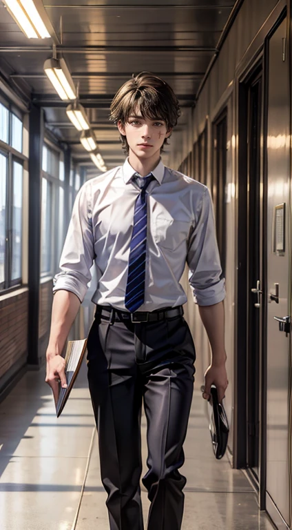 In the hallway of school in HIGH SCHOOl, there was a young lad named Elias (tall, has light brown hair, the other students around him and him too of course has their UNIFORM.). Show Elias brushing his hair with one hand while walking in the hallway, with a reserved look and reading a small book in his one hand, while his classmates behind or near him walk or whisper to each other while setting their eyes on Elias. Add sparkles on elias for emphasized look.