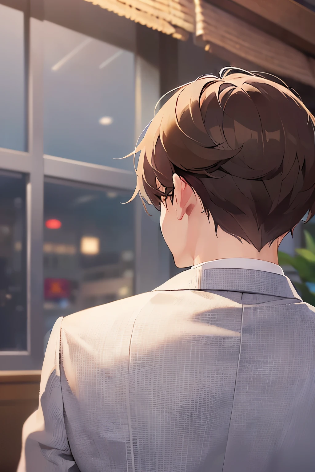 side angle, (looking away:1.5), Upper Body、masterpiece、highest quality、(25-year-old male:1.5) and (camel colored hair) and (crew cut) and (Red eyes) and (jitome), (Wearing a suit:1.5) and (Blue tie)、Are standing、grin, open mouth, The background is the office、(Alone:1.5)