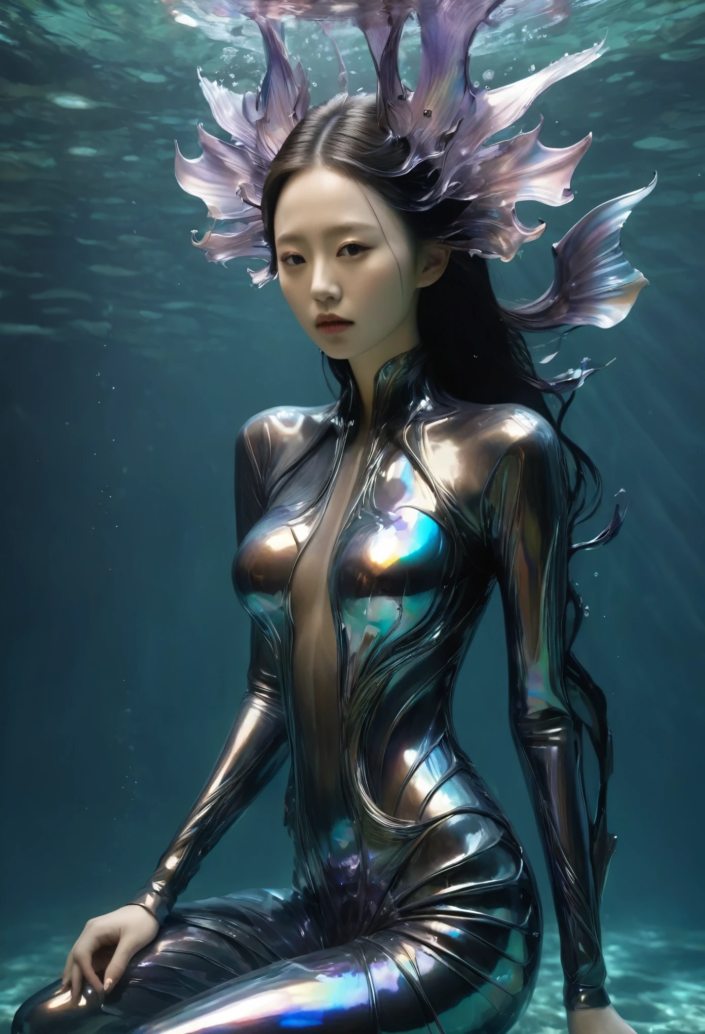 Aisian beautiful girl from underwater, iris van Herpen, sleek, fins, gills, darkness, iridescent, full length view,Xill,Anatomically correct