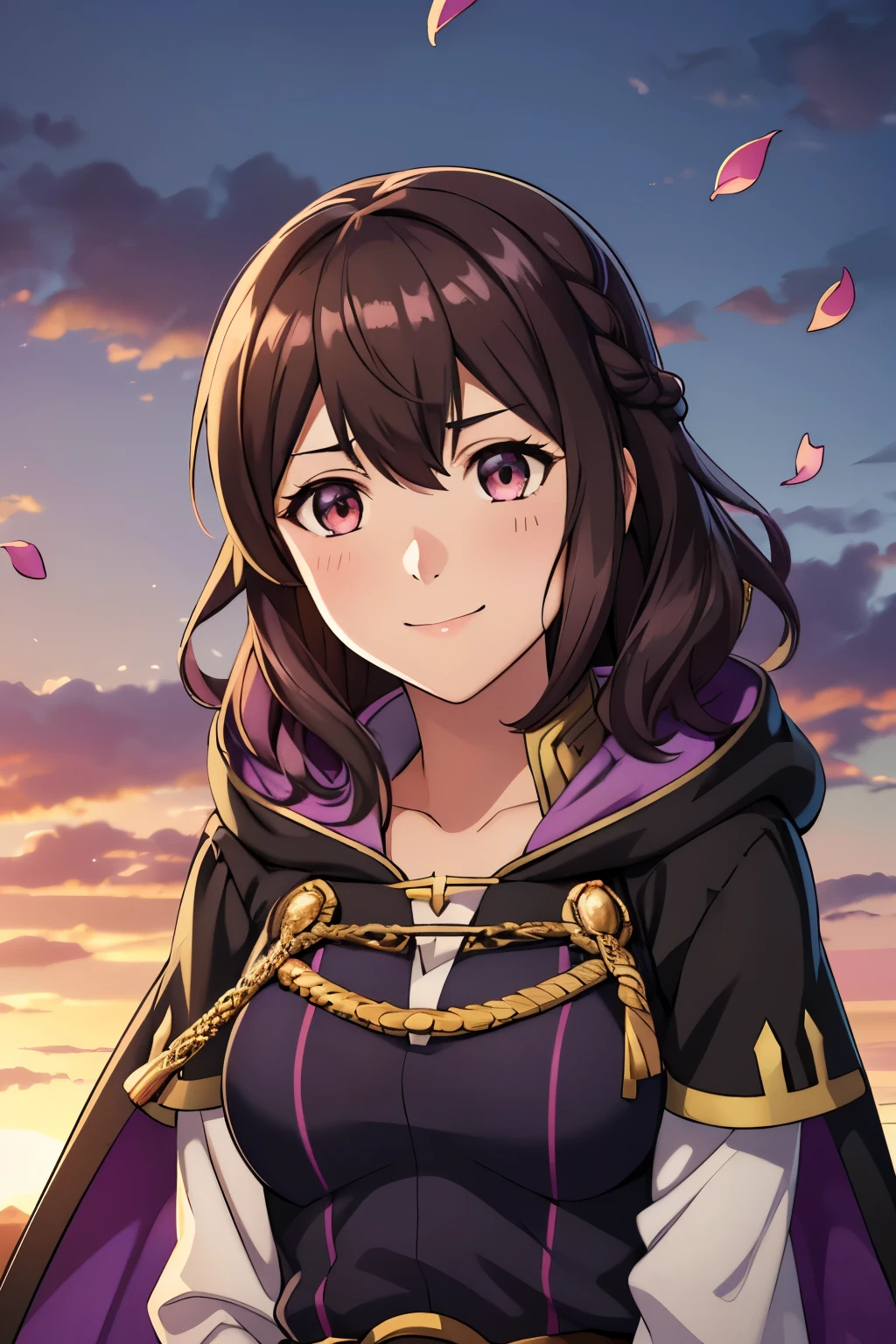 (high-quality, breathtaking),(expressive eyes, perfect face) 1girl, female, solo, portrait, Fire Emblem Awakening, Symmetrical Eyes, open field background, Robin (Fire Emblem: Awakening), dark Brown hair color, short hair length, messy wavy hair, hair ornament, upper body, pink eyes, Black and purple robe, gold trim, hood, white shirt, brown belt, tomb, positive expression, cute smile, detailed eyes, adorable face, short height, Cult of Grima, Fell Dragon Grima, Arms down, female robin (fire emblem), dark brown hair, flower petals, braided bang, ribbon in hair, soft breeze, sunrise skies
