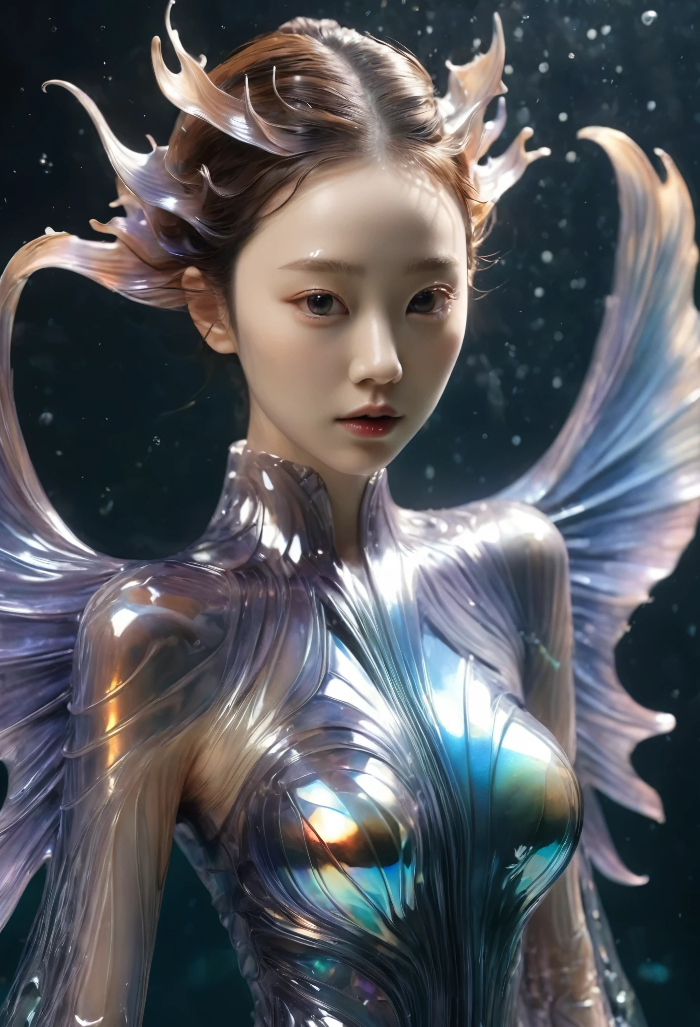 Aisian beautiful girl from underwater, iris van Herpen, sleek, fins, gills, darkness, iridescent, full length view,Xill,Anatomically correct