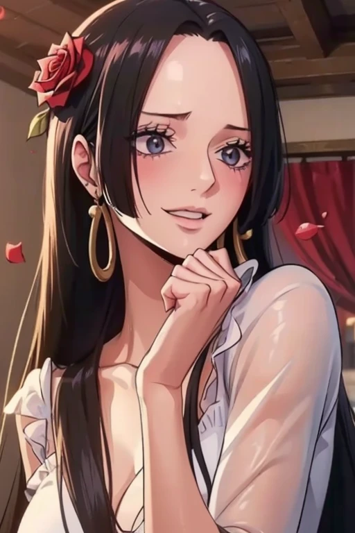 best quality, masterpiece, highly detailed,1girl, ((rose)), (vine), cage, bandage, red rope, (detail light), falling rose petals, Boa Hancock, , (masterpiece:1.5), Detailed Photo, Smiling, Sexy, (8K, Best Quality: 1.4), (1girl), Beautiful Face, (anime realistic Face), (Black Hair, long Hair: 1.3), Beautiful Hairstyle, Realistic eyes, beautiful detail eyes, (white skin), beautiful skin, absurd, attractive, ultra high resolution, ultra realistic, high definition, golden ratio, (sexually aroused:1.5), Pinkish white skin, cool white light, sexy pose, Beautiful , white background, pink soft white light, Wear a white dress