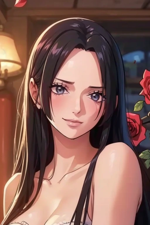 best quality, masterpiece, highly detailed,1girl, ((rose)), (vine), cage, bandage, red rope, (detail light), falling rose petals, Boa Hancock, , (masterpiece:1.5), Detailed Photo, Smiling, Sexy, (8K, Best Quality: 1.4), (1girl), Beautiful Face, (anime realistic Face), (Black Hair, long Hair: 1.3), Beautiful Hairstyle, Realistic eyes, beautiful detail eyes, (white skin), beautiful skin, absurd, attractive, ultra high resolution, ultra realistic, high definition, golden ratio, (sexually aroused:1.5), Pinkish white skin, cool white light, sexy pose, Beautiful , white background, pink soft white light, Wear a white dress