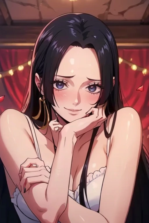 best quality, masterpiece, highly detailed,1girl, ((rose)), (vine), cage, bandage, red rope, (detail light), falling rose petals, Boa Hancock, , (masterpiece:1.5), Detailed Photo, Smiling, Sexy, (8K, Best Quality: 1.4), (1girl), Beautiful Face, (anime realistic Face), (Black Hair, long Hair: 1.3), Beautiful Hairstyle, Realistic eyes, beautiful detail eyes, (white skin), beautiful skin, absurd, attractive, ultra high resolution, ultra realistic, high definition, golden ratio, (sexually aroused:1.5), Pinkish white skin, cool white light, sexy pose, Beautiful , white background, pink soft white light, Wear a white dress