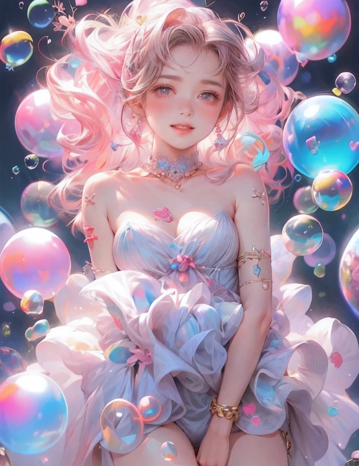 masterpiece:1.2, highest quality, 16k, highres, ultra-realistic:1.37, beautiful detailed:1.2, beautiful woman, standing, beautiful posing, bubble, heart shape bubbles:1.5, Countless bubbles (heart shape:1.2, vibrant colors), bubbles of various sizes, bubbles:1.2, too many bubbles:1.2, happily smile, beautiful delicate(hair, face, long eyelash, eyes, pupils, lips, knee, anklet, bubbles), sparkling eyes, shining rosy lips, blushed cheek, through bangs,