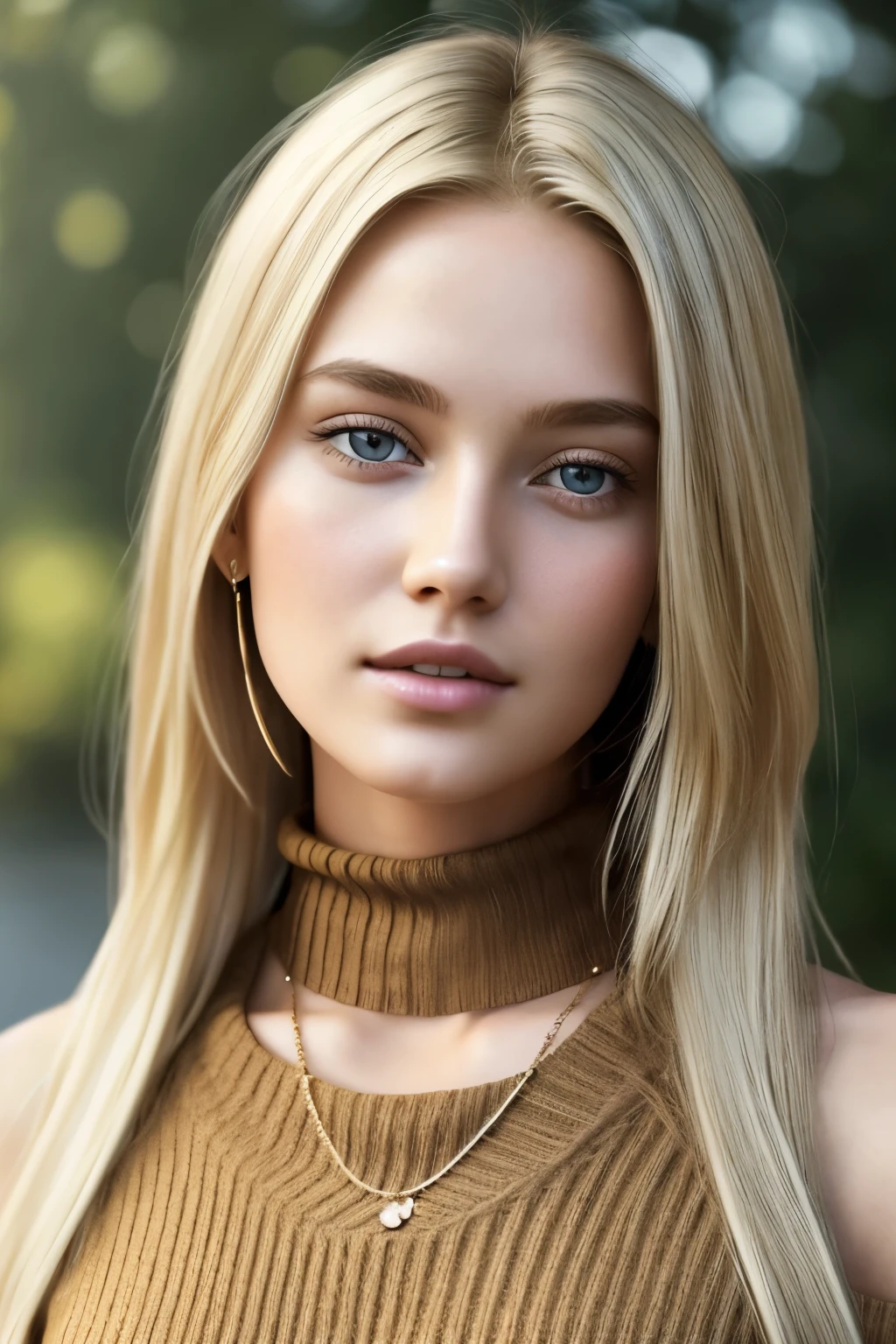 1girl in, age19, short stature, 5'1 inches tall, Solo, Long hair, beautiful detailed hair, Colossal, soft supple skin, pores, soft full bossum, Looking at Viewer, blonde hair, Bare shoulders, Brown eyes, jewelry, Full body, a necklace, off shoulders, brown Sweater, Realistic, Sexy 8K Reality