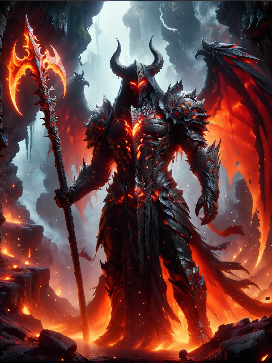 (1 demon with lava skin:1.5)，Deep red，With menacing horns and glowing eyes，Standing proudly，In one of its claws，(Holding tightly a gleaming sharp trident:1.5)，It has a large amount of gold coins and precious gems，To symbolize its wealth，On the surrounding ground，Full of various currencies，Jewelry，treasure，Exudes an alluring glow，This eerie scene is set against a dark and ominous backdrop of a lava cave.，Creating a disturbing yet mesmerizing effect