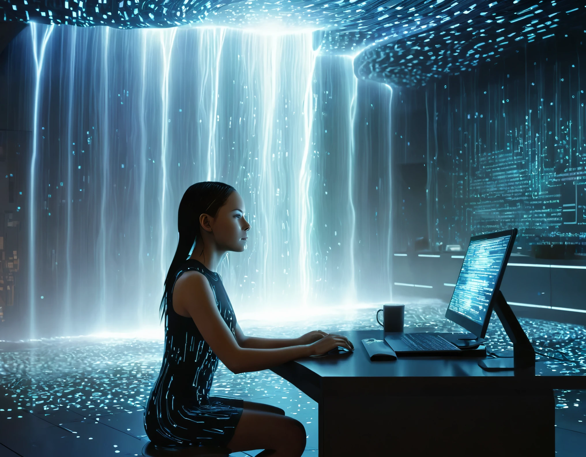 A scene depicting a girl seated at a desk, with digital code cascading around her like a waterfall. The background slowly transitions from a typical room to a futuristic, cybernetic space. Created Using: digital transition effects, mixed reality theme, glowing code, futuristic cybernetics, realistic to digital environment morphing, high-resolution visuals, dynamic composition, widescreen perspective，side view，Anatomically correct:2