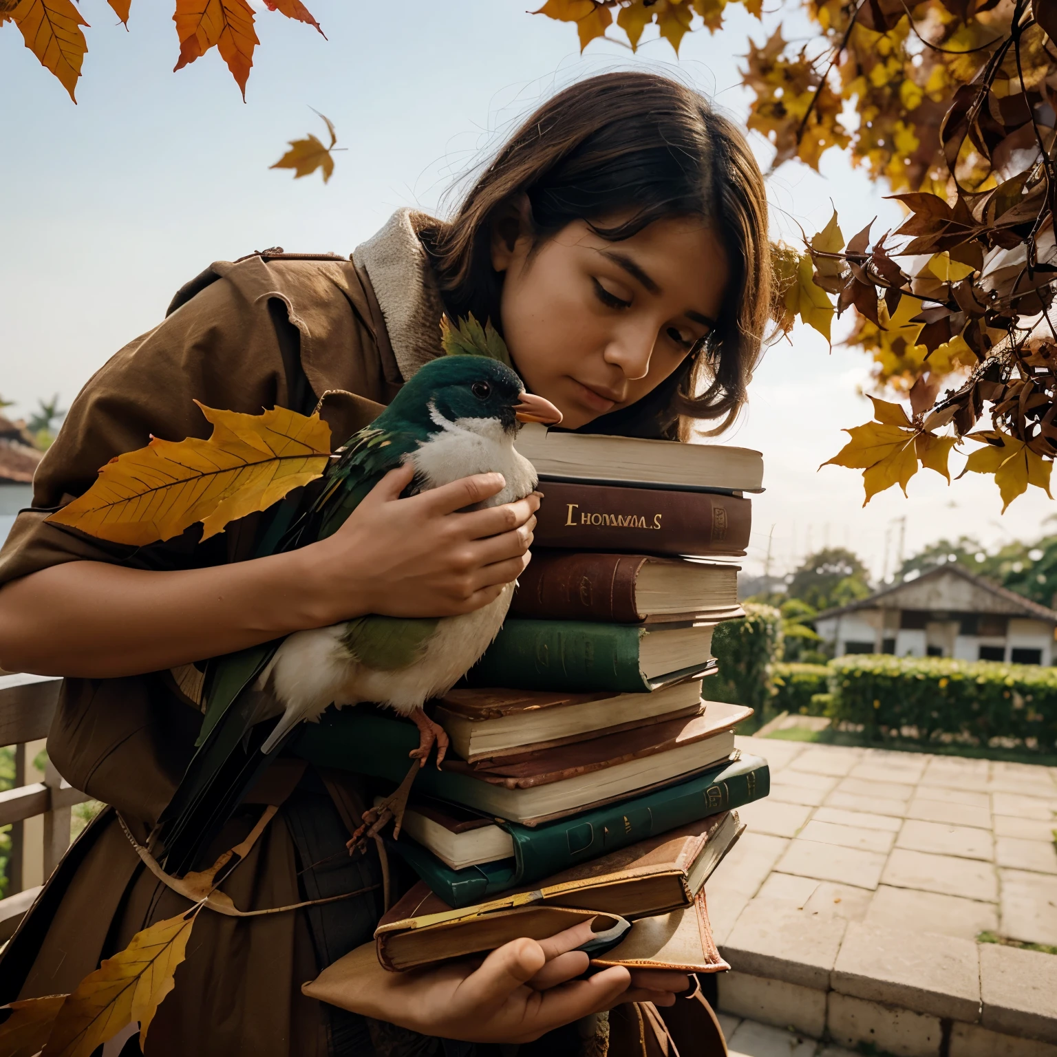 Tema: 'somos livres pra voar', must contain birds and drafts carrying autumn leaves, sem pessoas na imagem e nenhum objeto