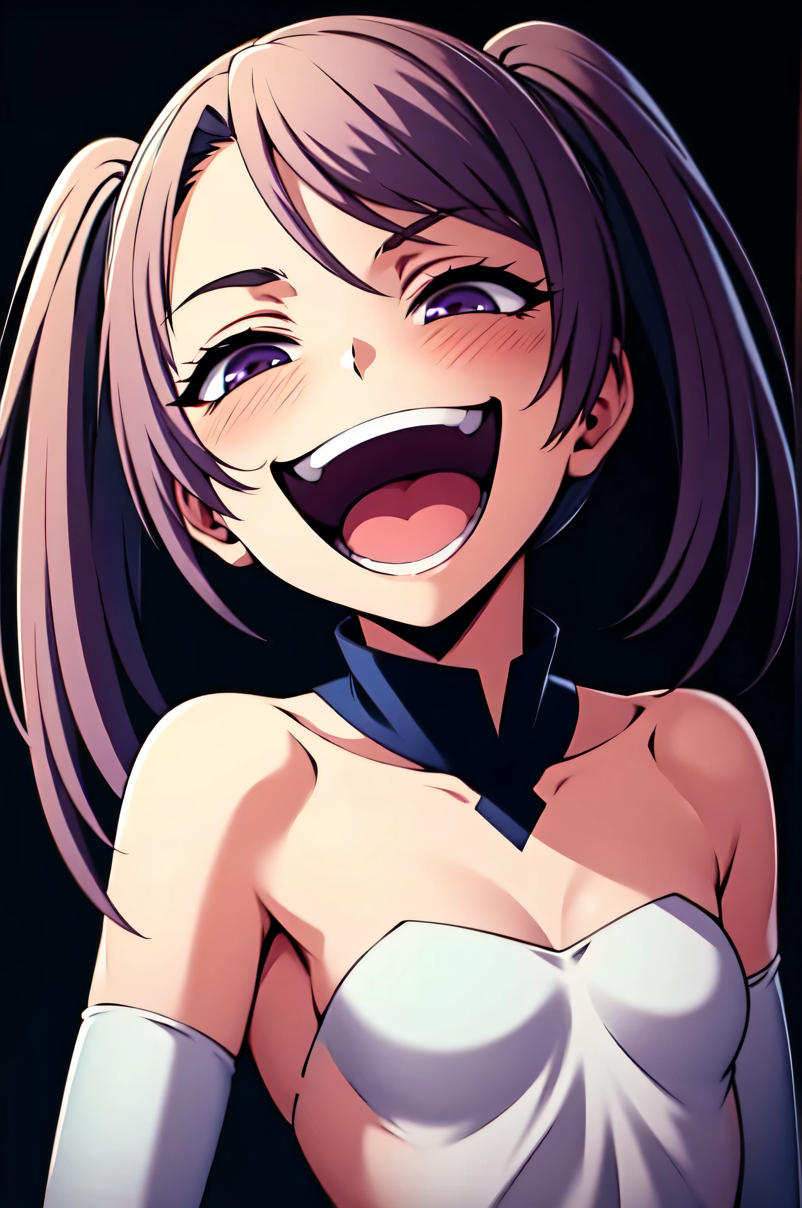 Best picture quality, 4K, 8K, High resolution, Masterpiece: 1.2), ultra detailed,,black and dark aura background,masterpiece, highest quality,best quakity, High resolution,,twintail,flat chest,sheded face,latex,elbow gloves,evil smile,sadistic,evil laugh at,small girl,,Shiny skin,black and purple background,face only,