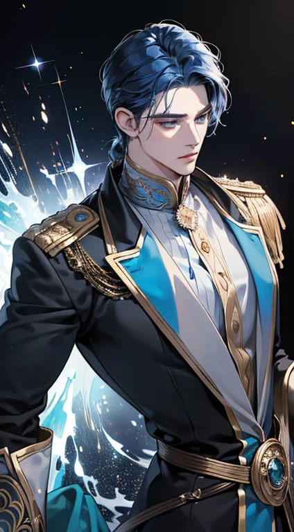 {(best quality, 8k, masterpiece, HDR, soft lighting, perfect image, digital illustration, manhwa art, hyper detailed image, perfect lines, realistic)} 1 very handsome man, gdark blue hair, dark blue eyes, luxurious clothes (prince, imposing posture, soft smile), {(black background with golden sparkles, blurred)}