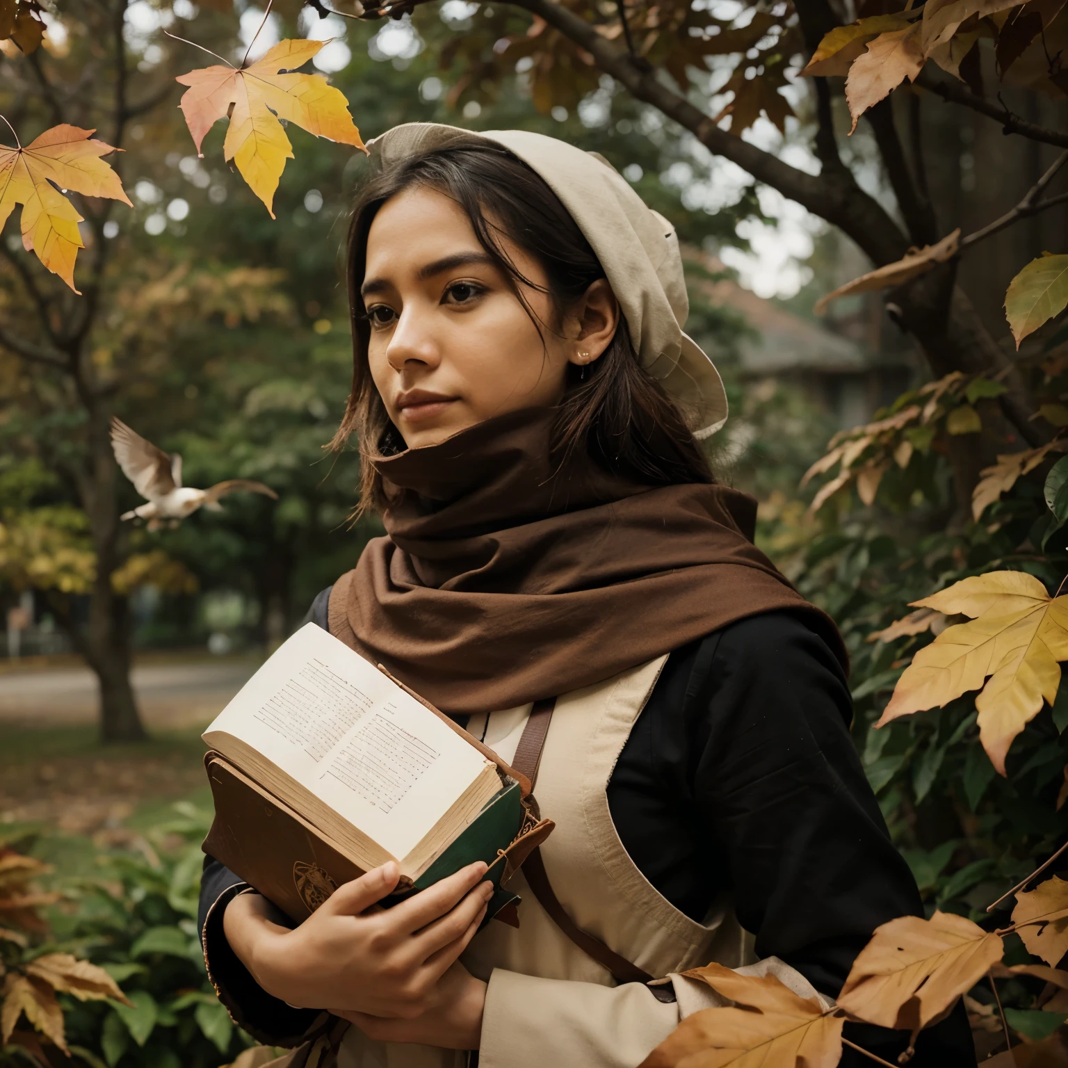 Tema: 'somos livres pra voar', must contain birds and drafts carrying autumn leaves, sem pessoas na imagem e nenhum objeto 