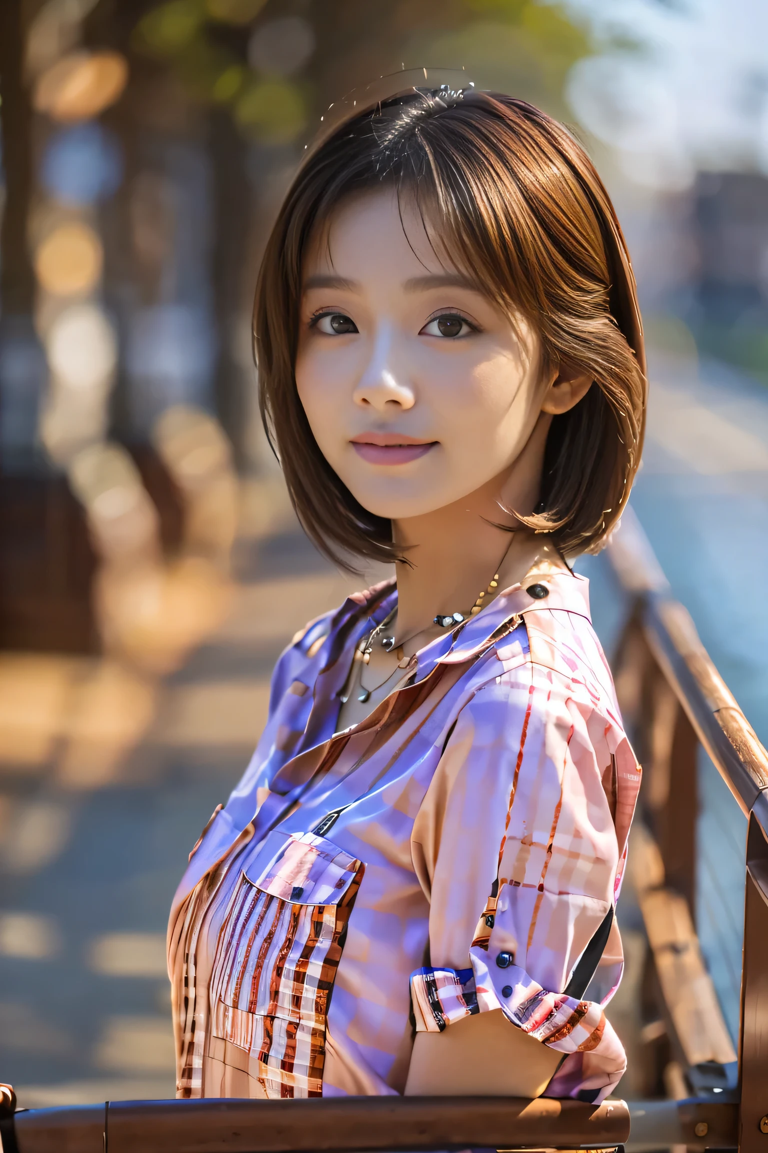 (Wide zoomed out view of head to foot length, Full body long view:1.5)、(18-year-old female), (The best quality at its best:1.4), (Super detailed), (Very detailed CG unified 16k), Beautiful woman with perfect figure: 1.4, Sharp focus: 1.2, Very detailed, High-quality RAW color photos, Professional photography, Great face and eyes, Beautiful eyelashes、cosmetics, (Amazingly beautiful girl), ((Pink gingham check shirt, White Flared Cart:1.5)), Are standing, Sexy posture,(harbor:1.3), (View from below), Realistic movie faces, Realistic, ((Realistic natural light brown hair color, Realistic blue eyes)),( Short Bob Hair:1.5), (necklace:1.5)、Very beautiful face, Perfect model beauty, Mouth swelling, Highly detailed face and skin texture, Fine grain, double eyelid, Medium chest, smile, Crack, west, (masterpiece), highest quality, High resolution, Very detailed, Blurred Background, Depth of written boundary, Cinema Lighting, Great legs, High heels, Clear, well-maintained skin,
