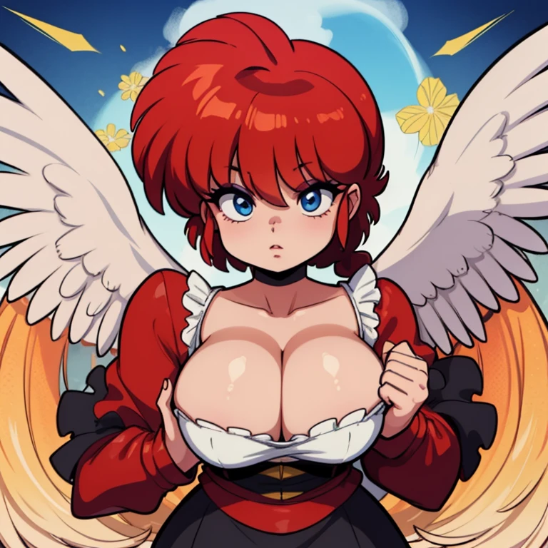 RanmaChan, cabello rojo, Cabello con trenza, ojos azules, ojos detallados, angel, Alas de angel, oreola dorada, Alas de angel,