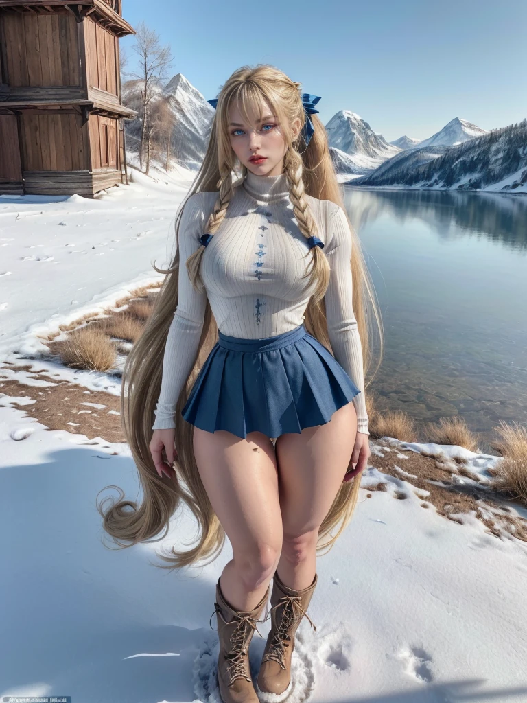 ((very detailed RAW color photo)), (((1 girl))), (((alone))), (((30 years))), ((athletic)), ((very defined toned physique)), ((very defined and beautiful muscular body)), (((very detailed perfect body))), (((small and defined breasts))), (((ultra defined curves))), (((superior quality, 8k, masterpiece: 1.3)), sharp focus: 1.2, (((extremely beautiful girl with perfect figure: 1.4))), ((very thin waist: 1.2)), ultra detailed skin texture, ((perfect and beautiful hands)), ((smooth and soft skin)), (ultra detailed fabric texture), extremely beautiful ultra detailed face, (((extremely beautiful))), intricate details, ultra detailed, (((girl wearing tight mountain clothes with skirt and hiking boots))), (((extremely long straight blonde hair))), extremely beautiful, (((extra long ponytail with bangs))), (hair on the face), ((hair ribbon)), dynamic pose, ((uniform leaves thighs exposed)), ((ultra detailed and toned legs)), (((ultra detailed waist))), (((very wide hips))), (((very thick and toned thighs))), (sexy), (((extreme hourglass figure))), (((very thick heart lips))), ((red lipstick)), ((ultra detailed lips)), ((ultra detailed blue eyes)), ((angry look)), (((staring at the viewer))), ultra-detailed provocative mouth, extremely beautiful seductive lips, ((blushing)), (makeup), (((ultra-defined waist))), eye shadow, (full body shot), on a frozen lake in Siberia
