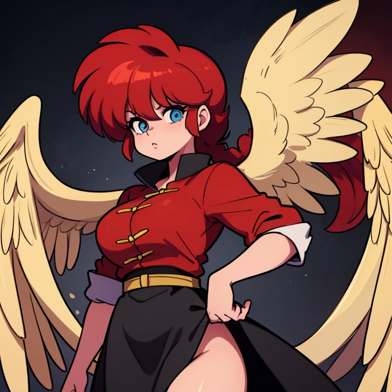 RanmaChan, cabello rojo, Cabello con trenza, ojos azules, ojos detallados, angel, Alas de angel, oreola dorada, Alas de angel,