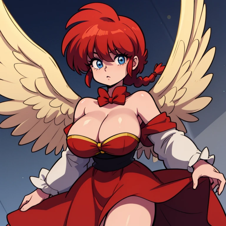 RanmaChan, cabello rojo, Cabello con trenza, ojos azules, ojos detallados, angel, Alas de angel, oreola dorada, Alas de angel,