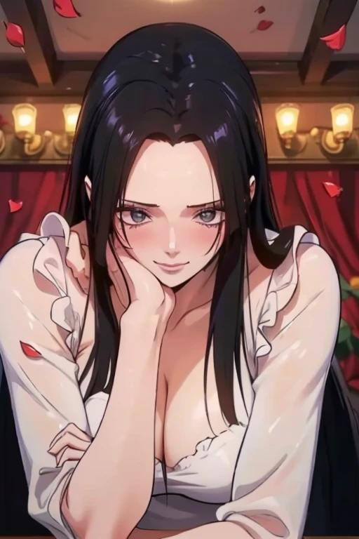 best quality, masterpiece, highly detailed,1girl, ((rose)), (vine), cage, bandage, red rope, (detail light), falling rose petals, Boa Hancock, , (masterpiece:1.5), Detailed Photo, Smiling, Sexy, (8K, Best Quality: 1.4), (1girl), Beautiful Face, (anime realistic Face), (Black Hair, long Hair: 1.3), Beautiful Hairstyle, Realistic eyes, beautiful detail eyes, (white skin), beautiful skin, absurd, attractive, ultra high resolution, ultra realistic, high definition, golden ratio, (sexually aroused:1.5), Pinkish white skin, cool white light, sexy pose, Beautiful , white background, pink soft white light, Wear a white dress