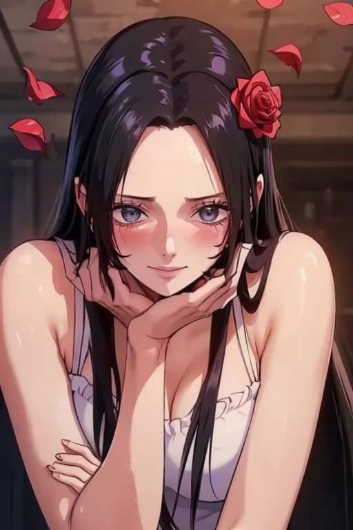 best quality, masterpiece, highly detailed,1girl, ((rose)), (vine), cage, bandage, red rope, (detail light), falling rose petals, Boa Hancock, , (masterpiece:1.5), Detailed Photo, Smiling, Sexy, (8K, Best Quality: 1.4), (1girl), Beautiful Face, (anime realistic Face), (Black Hair, long Hair: 1.3), Beautiful Hairstyle, Realistic eyes, beautiful detail eyes, (white skin), beautiful skin, absurd, attractive, ultra high resolution, ultra realistic, high definition, golden ratio, (sexually aroused:1.5), Pinkish white skin, cool white light, sexy pose, Beautiful , white background, pink soft white light, Wear a white dress