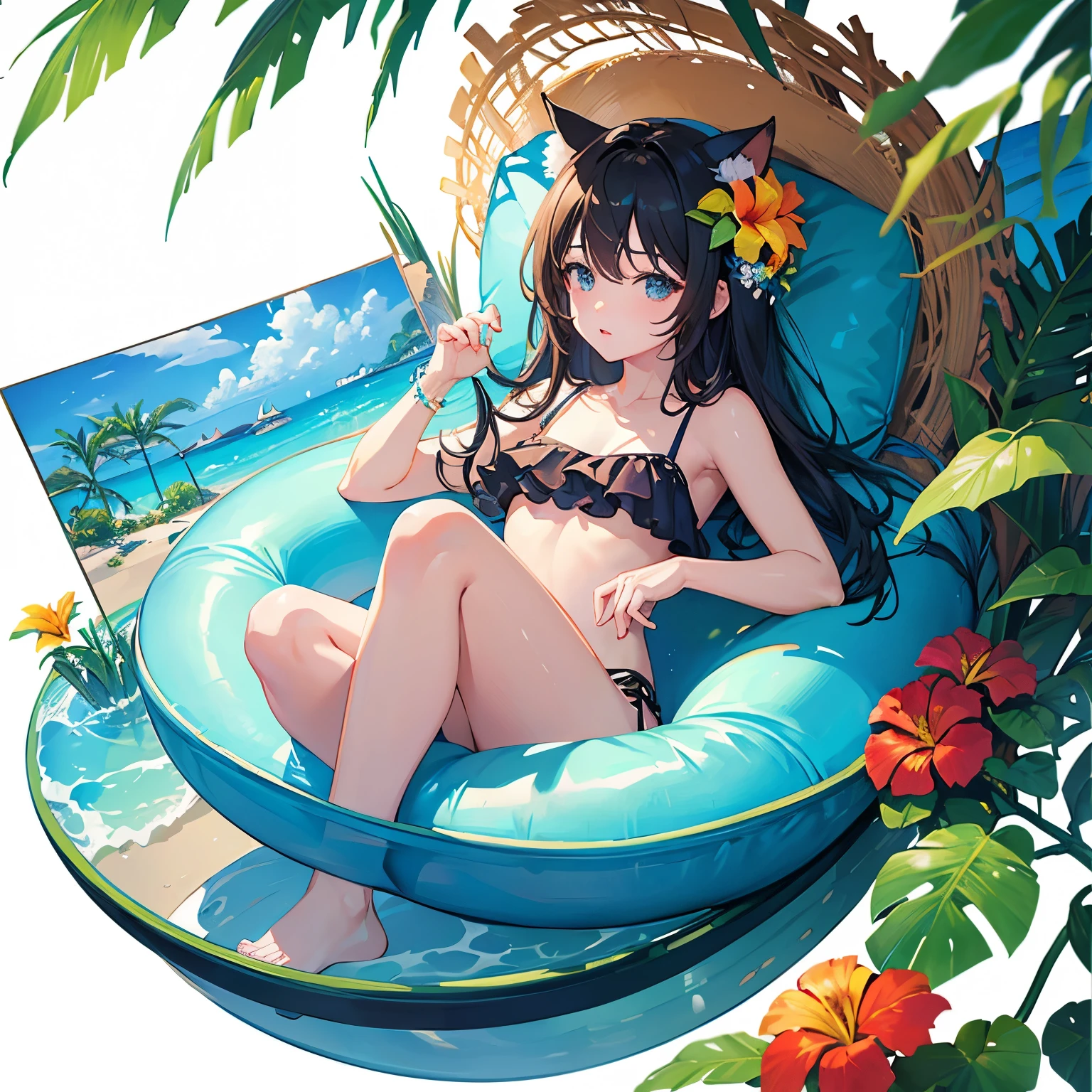 (highest quality、masterpiece、High resolution)、4K Anime Art、(Background Art)、(Drawing tropical flowers and plants)、Beautiful swimsuit woman、Cat ear、(Blank Background)、((White Background))、