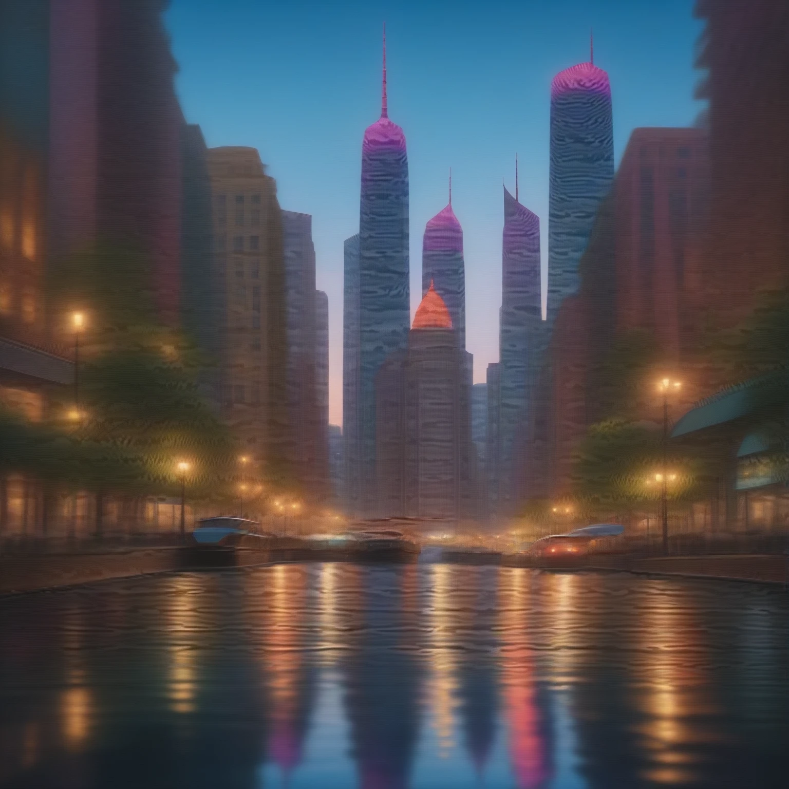 vivid colors, urban skyline, cityscape, modern architecture, bustling streets, reflection, downtown, skyscrapers, scenic view, calming waves, peaceful atmosphere, soothing sound of the ocean, tranquil, serenity.