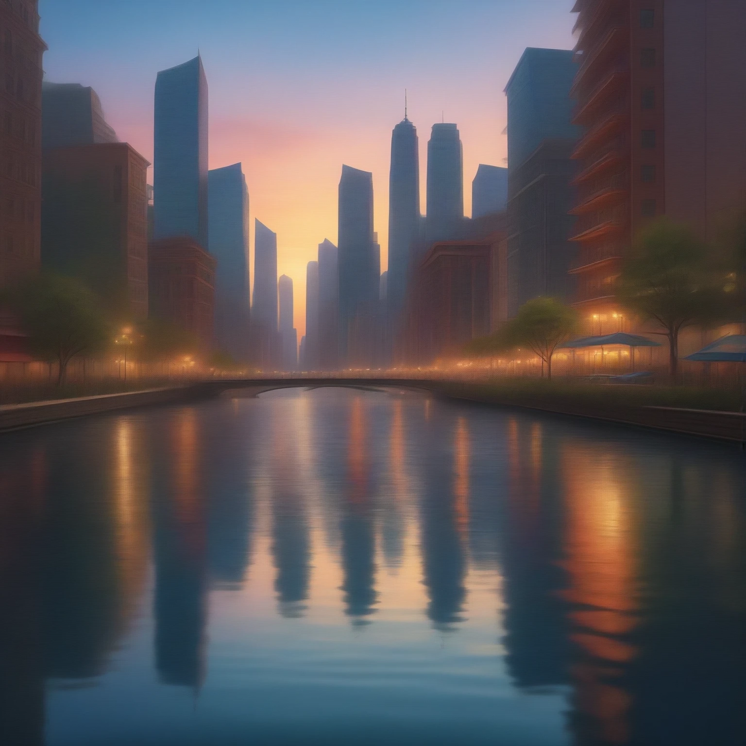 vivid colors, urban skyline, cityscape, modern architecture, bustling streets, reflection, downtown, skyscrapers, scenic view, calming waves, peaceful atmosphere, soothing sound of the ocean, tranquil, serenity.