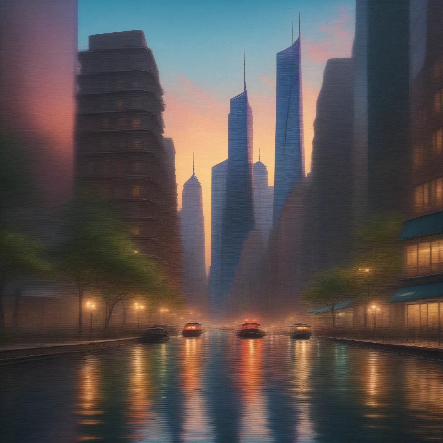 vivid colors, urban skyline, cityscape, modern architecture, bustling streets, reflection, downtown, skyscrapers, scenic view, calming waves, peaceful atmosphere, soothing sound of the ocean, tranquil, serenity.