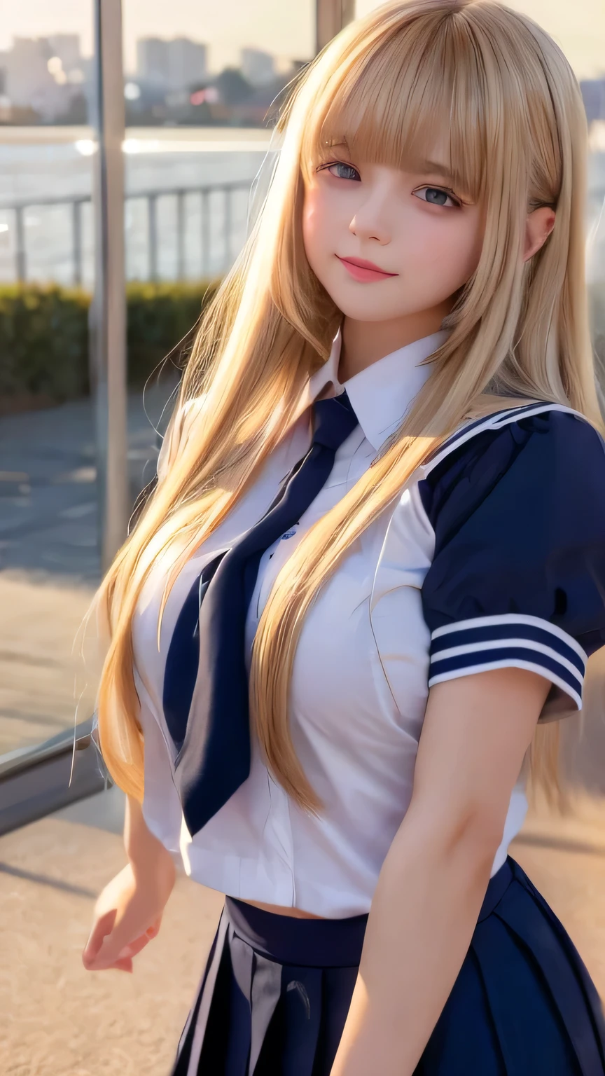 Sexy old with dazzling shiny blonde hair、School Sailor Uniform、The cutest little beautiful face in the world、Sparkling bangs dancing in front of her pretty face、Long, silky bangs that cover the eyes、Large, clear, bright blue eyes、Hair above the eyes、Hair on the face、Super long straight hair、Cute young woman with super long blonde shiny light hair、Small Face Beauty、Round face、Very large breasts