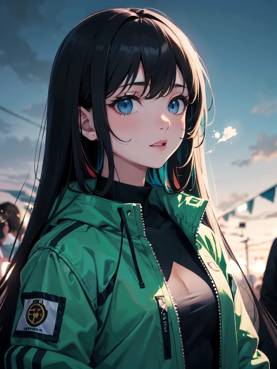 (masterpiece, best quality, ultra high resolution),one girl,long hair,black hair,blue eyes,jacket,(multicolor jacket green and black),looking at the audience,focus on the girl,blur,beautiful and exquisite face, fine particles,gray and black theme