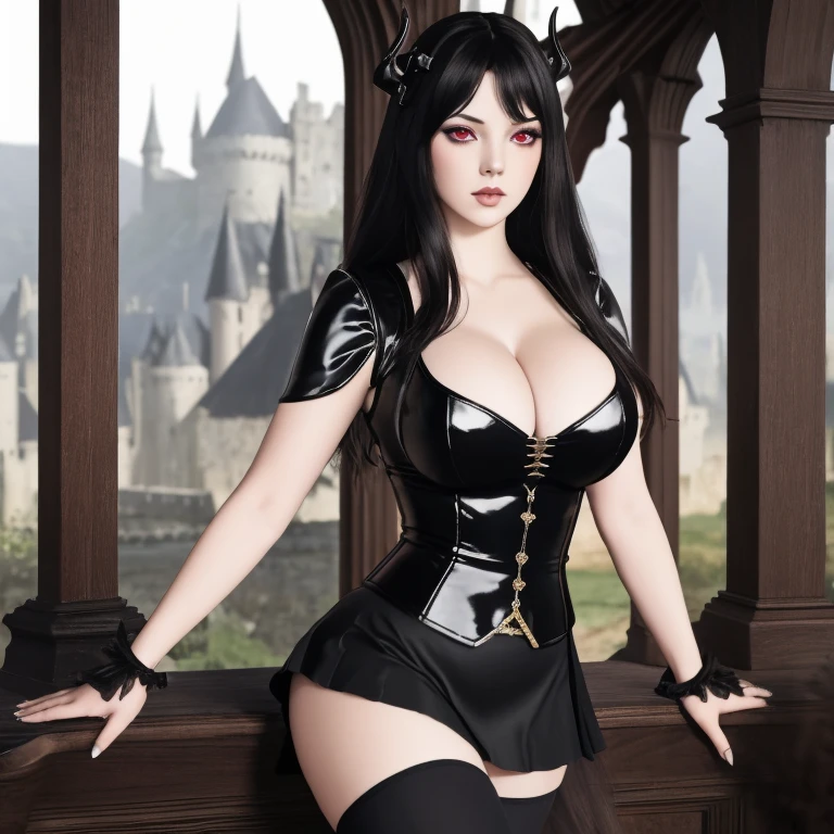 masterpiece, gothic aesthetic, dream atmosphere, ultra realistic, 16k, best quality, absurdres, perfect anatomy, 1girl, goth brunette, voluminous silky hair, cute hair fringe, goth makeup, bright red eyes (intense look), pale-white skin (highlighted), realistic shading, solo, Caera, red eyes, black t-shirt, natural breasts cleavage, large hips, black mini skirt, tights (realistic textures), pretty seductive, upper body, beautiful girl, happy, inside a medieval castle, different poses at different angles, blurred background, cinematic, Photorealistic.