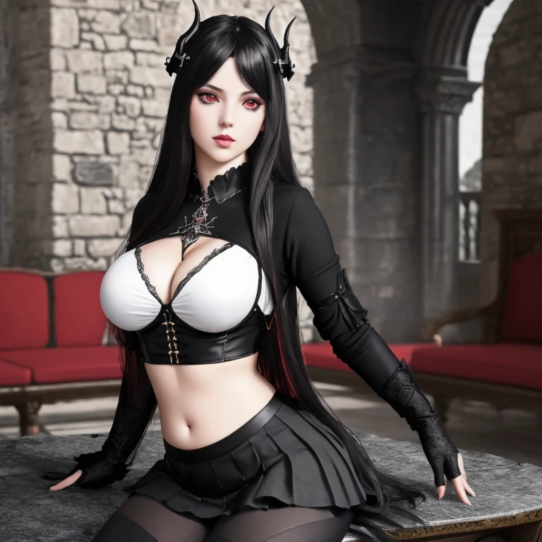 masterpiece, gothic aesthetic, dream atmosphere, ultra realistic, 16k, best quality, absurdres, perfect anatomy, 1girl, goth brunette, voluminous silky hair, cute hair fringe, goth makeup, bright red eyes (intense look), pale-white skin (highlighted), realistic shading, solo, Caera, red eyes, black t-shirt, natural breasts cleavage, large hips, black mini skirt, tights (realistic textures), pretty seductive, upper body, beautiful girl, happy, inside a medieval castle, different poses at different angles, blurred background, cinematic, Photorealistic.