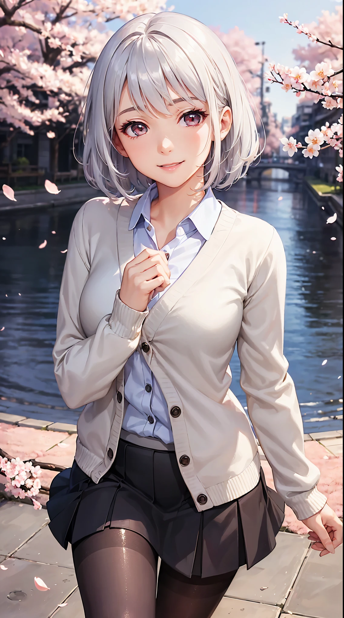 1girl, solo,unparalleled beauty, Shiny firm skin, beautiful girl,smile gently, highest quality, realistic, (pantyhose), (cardigan:1.2), (shirt:1.4), (skirt:1.2), (Cherry blossom trees),short hair, silver hair