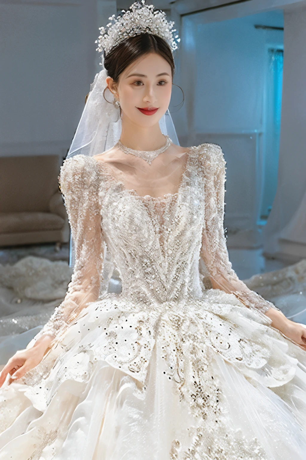 1girl),(thin body),looking_at_viewer,(arms_behind_back:1),
(front half-length photo:1.7),(standing:1),
(long bridal veil:1.5),(diamond wedding dress:1.1),(see-through:1),(diamond long sleeves:1),(air bang:1),(bridal crown:1.2),(diamond necklace:1.3),lipstick,(smile:1.1),makeup,