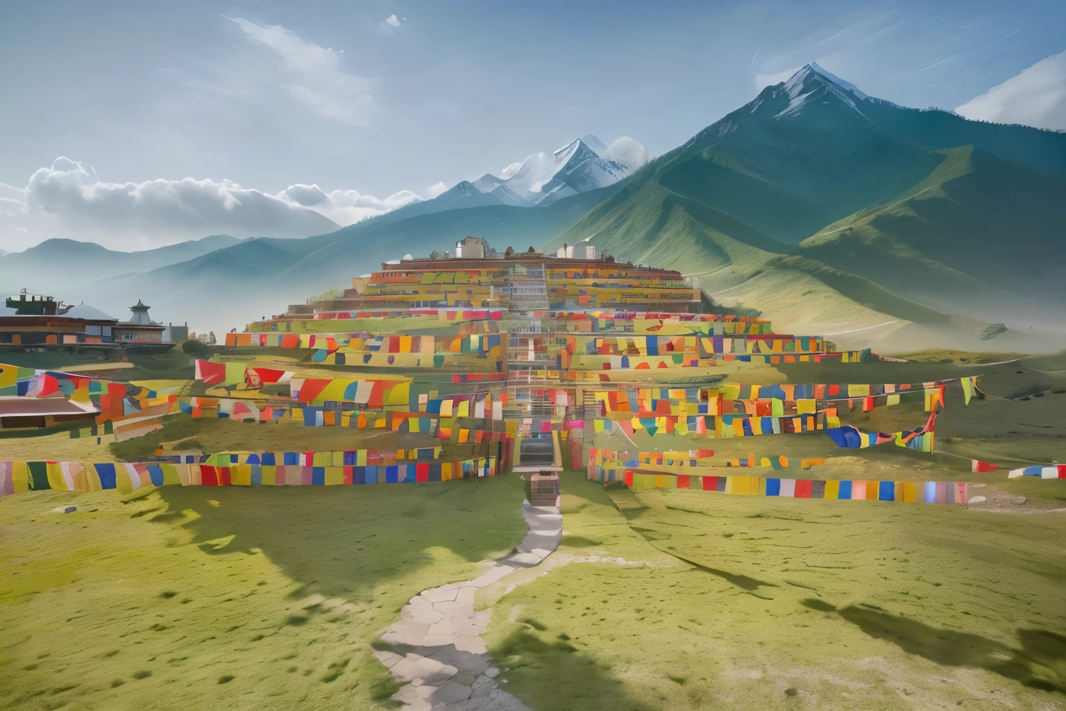 (Masterpiece:1.1), High Resolution (best quality,4k,8k,highres,masterpiece:1.2),ultra-detailed,(realistic,photorealistic,photo-realistic:1.37) (Photorealistic) create a realistic photography of Tibetan Lungta flags hill,serene atmosphere,devout worshipers,sunlit courtyard,saffron-robed monks,holy rituals,himalayan landscape,peaceful incense, Lungta art installation, super detailed, Lungta flags, colorful Lungta flags