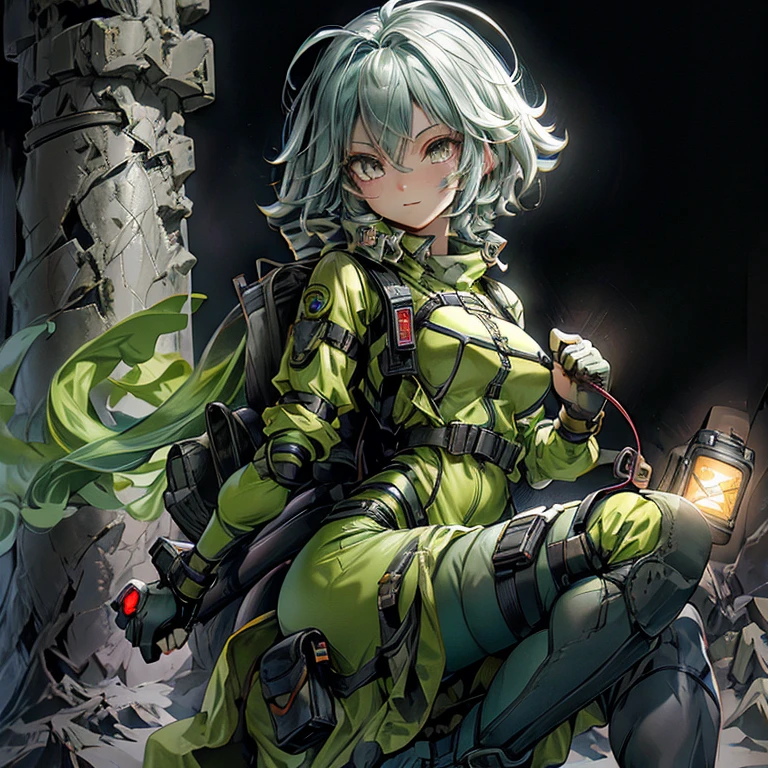 Biggest flashlight in the world, young lady hiking backpack, energetic confidence , optimistic eyes, tactical boots, black shoes, rucksack, flashlight theme, mysterious happy vibe,the light within the darkness, big ideas, fingerless gloves, adventurous , spiritual person, glowing electric, hiker hate with flashlight, prodigy, athletic outfit, angelic armor, mana, enthusiastic optimism, best of the best style, professional hiker, runner, digger, underground explorer, nice guy, intuitive personality, extremely confident and alluring, celestial being, guardian type lady, very long hair, tom boy quality, male clothing, athletic gear, male like quality, use of Huge flashlight, super charged, super long hair