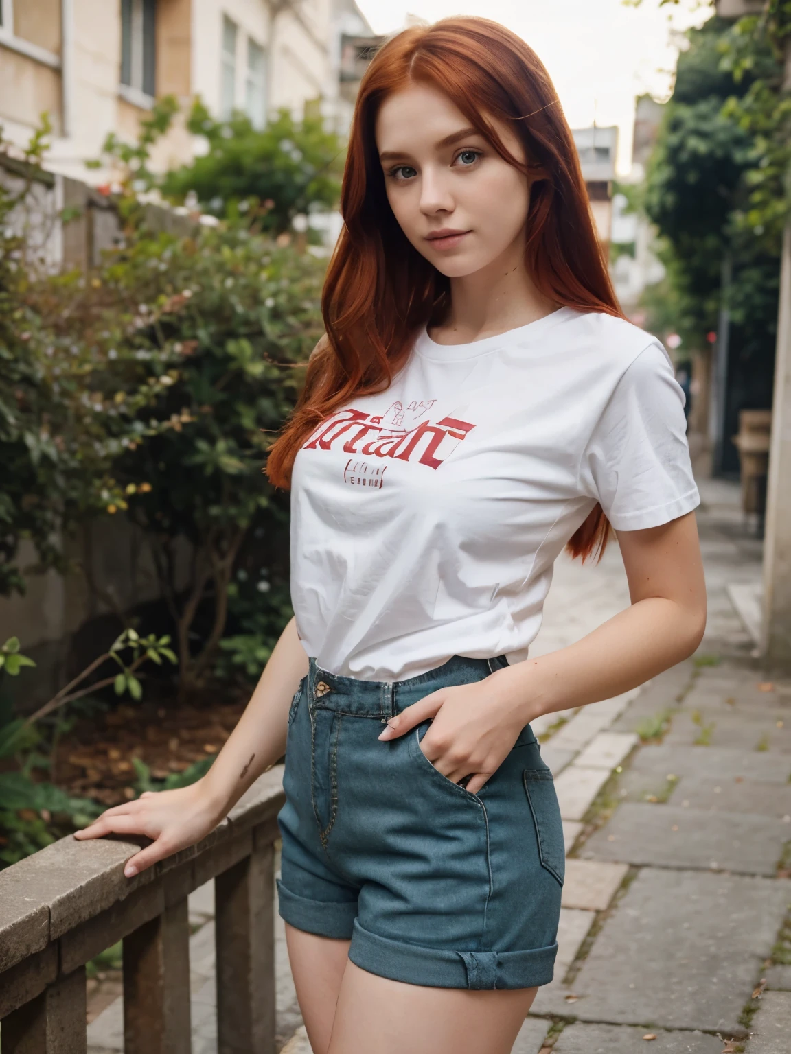 Beautiful redhair girl,real , wearing short pants and a shirt 👚 