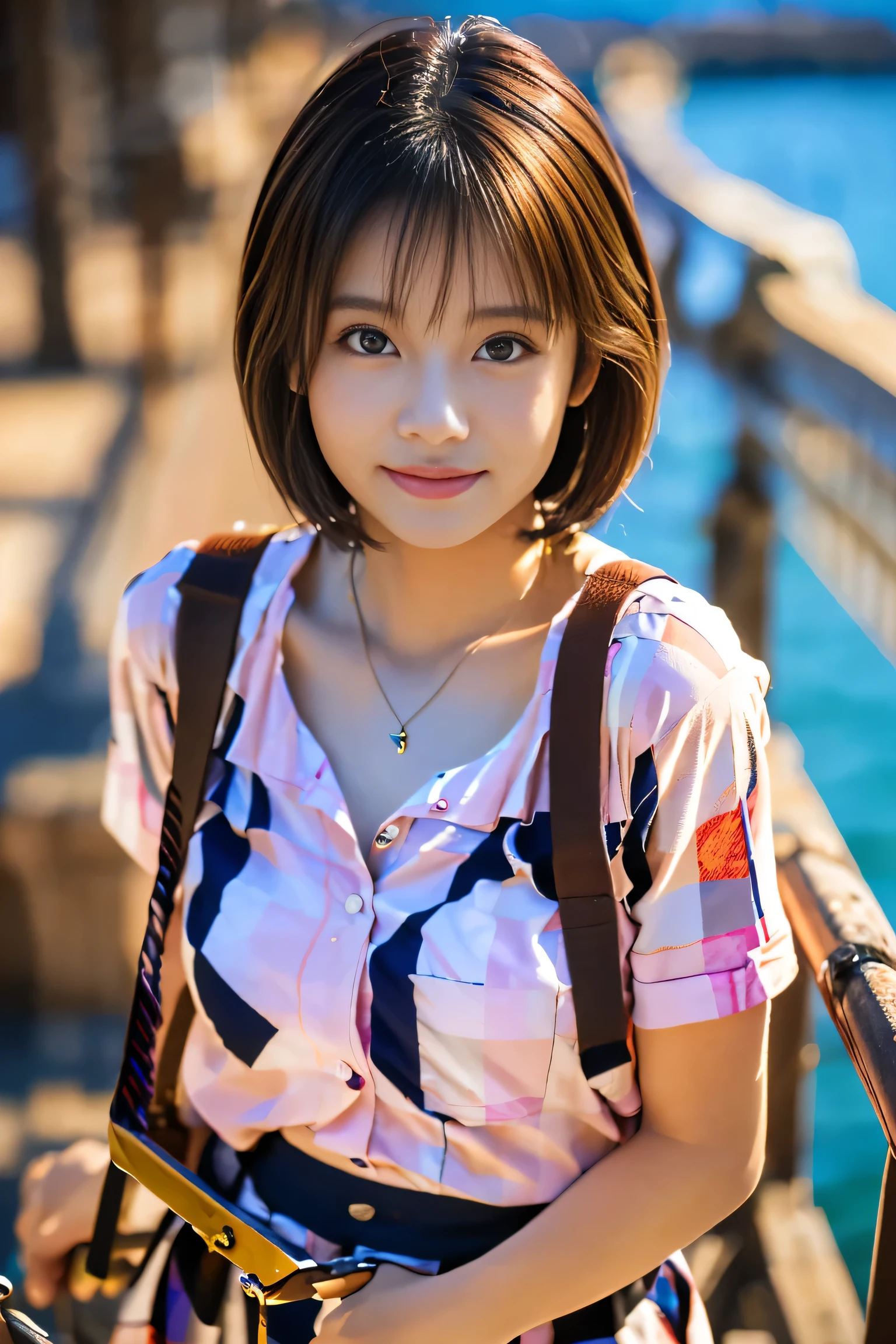 (Wide zoomed out view of head to foot length:1.5),(Full body long view:1.5)、(18-year-old female), (The best quality at its best:1.4), (Super detailed), (Very detailed CG unified 16k), Beautiful woman with perfect figure: 1.4, Sharp focus: 1.2, Very detailed, High-quality RAW color photos, Professional photography, Great face and eyes, Beautiful eyelashes、cosmetics, (Amazingly beautiful girl), ((Pink gingham check shirt, White Flared Cart:1.5)), Are standing, Sexy posture,(harbor:1.3), (View from below), Realistic movie faces, Realistic, ((Realistic natural light brown hair color, Realistic blue eyes)),( Short Bob Hair:1.5), (necklace:1.5)、Very beautiful face, Perfect model beauty, Mouth swelling, Highly detailed face and skin texture, Fine grain, double eyelid, Medium chest, smile, Crack, west, (masterpiece), highest quality, High resolution, Very detailed, Blurred Background, Depth of written boundary, Cinema Lighting, Great legs, High heels, Clear, well-maintained skin,
