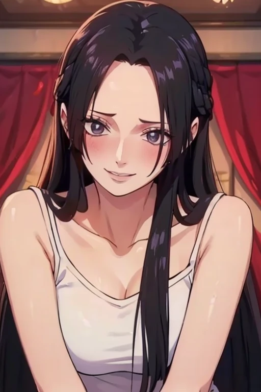 best quality, masterpiece, highly detailed,1girl, ((rose)), (vine), cage, bandage, red rope, (detail light), falling rose petals, Boa Hancock, , (masterpiece:1.5), Detailed Photo, Smiling, Sexy, (8K, Best Quality: 1.4), (1girl), Beautiful Face, (anime realistic Face), (Black Hair, long Hair: 1.3), Beautiful Hairstyle, Realistic eyes, beautiful detail eyes, (white skin), beautiful skin, absurd, attractive, ultra high resolution, ultra realistic, high definition, golden ratio, (sexually aroused:1.5), Pinkish white skin, cool white light, sexy pose, Beautiful , white background, pink soft white light, Wear a white tank top