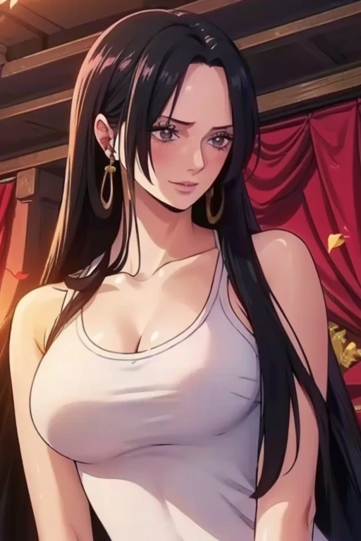 best quality, masterpiece, highly detailed,1girl, ((rose)), (vine), cage, bandage, red rope, (detail light), falling rose petals, Boa Hancock, , (masterpiece:1.5), Detailed Photo, Smiling, Sexy, (8K, Best Quality: 1.4), (1girl), Beautiful Face, (anime realistic Face), (Black Hair, long Hair: 1.3), Beautiful Hairstyle, Realistic eyes, beautiful detail eyes, (white skin), beautiful skin, absurd, attractive, ultra high resolution, ultra realistic, high definition, golden ratio, (sexually aroused:1.5), Pinkish white skin, cool white light, sexy pose, Beautiful , white background, pink soft white light, Wear a white tank top