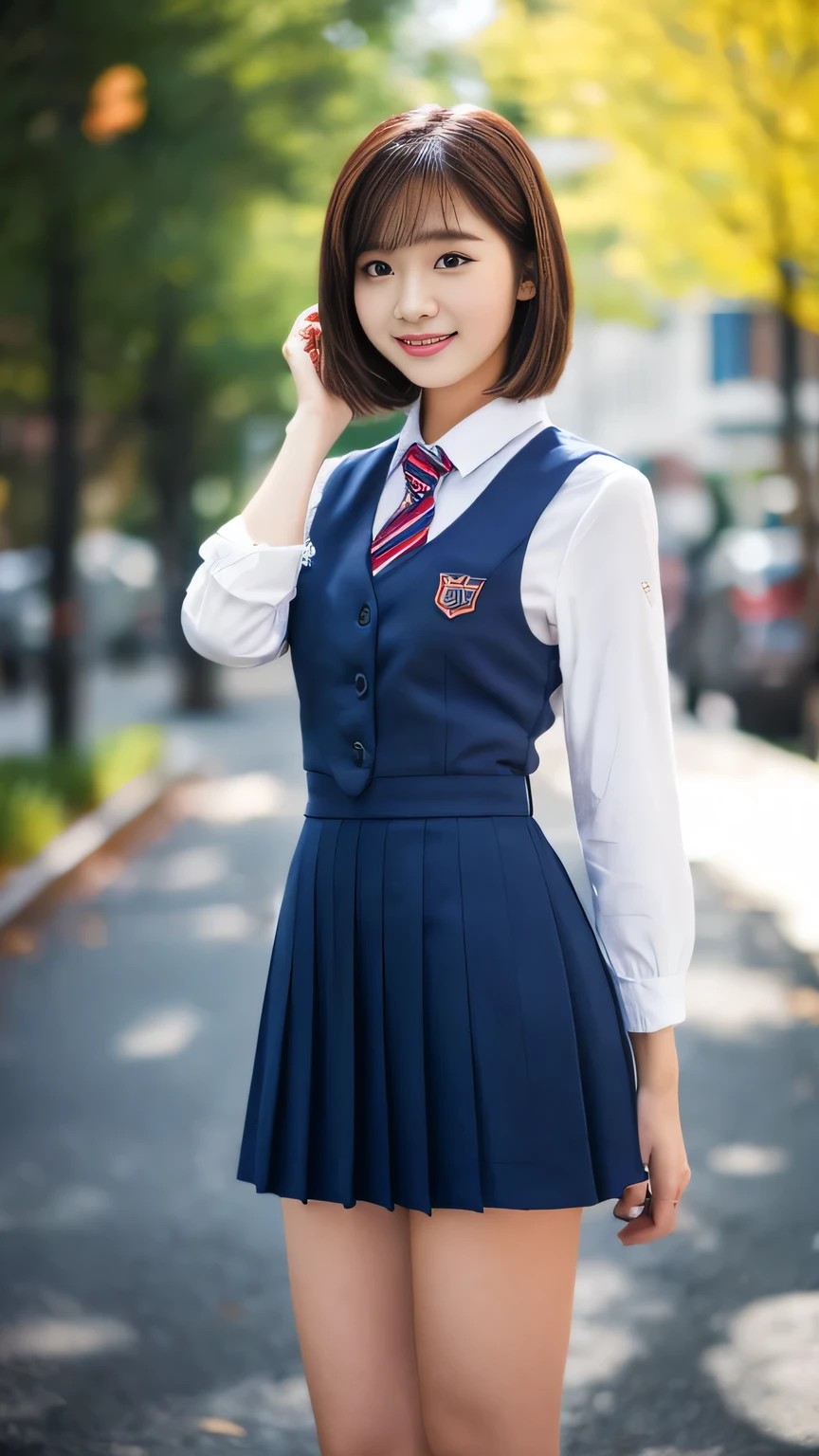 A girl named Kasumi, full body, standing, Short Hair, Brown Hair, 23 years old, Slender, cheek bulge, subjective perspective, Soft Flare, f/1.8, 135mm, Fujifilm, UHD, retina, masterpiece, ccurate, anatomically correct, textured skin, super detail, high details, high quality, best quality, highres, 1080P, HD, 4K, 8k, school wear