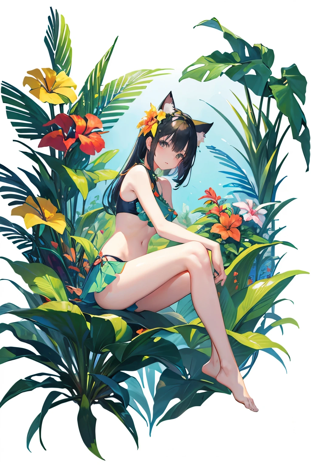 (highest quality、masterpiece、High resolution)、4K Anime Art、(Background Art)、(Drawing tropical flowers and plants)、Beautiful swimsuit woman、Cat ear、(Blank Background)、((White Background))、