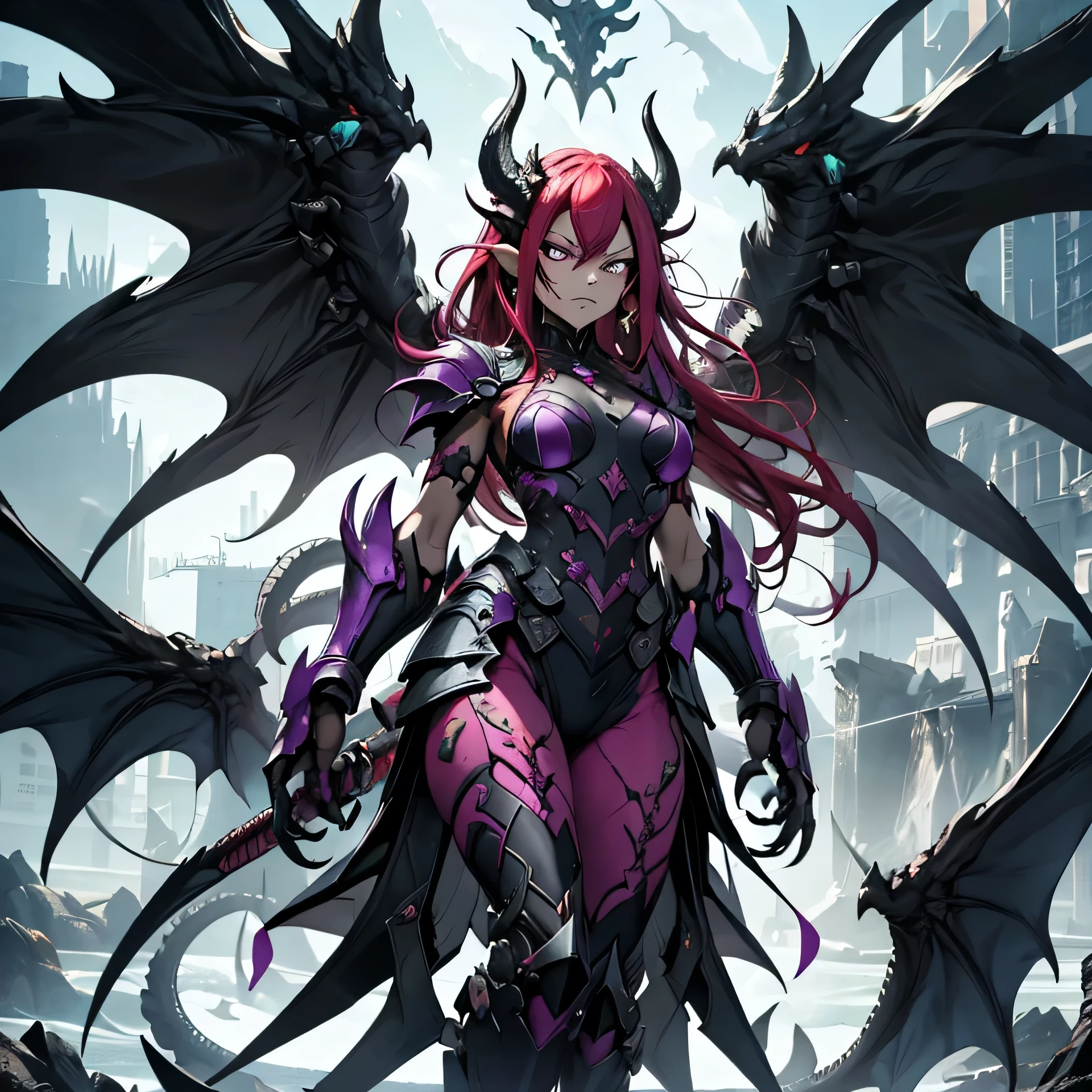 (Demon woman), mature, very angry face, long fangs, diamond face, demon tail, wings, strong shadows, (neon light), neon, naked, detailed face, (aggressor), detailed abs, purple eyes, pose war, long claws, (Masterpiece), Direct light, illuminate, strong jaw, red hair, large, (demonic queen), (lewd armor), thick thighs, long torso, wide waist, skinny torso, adapt, face perfect, (tiny armor), (vibrant and colorful light), futuristic