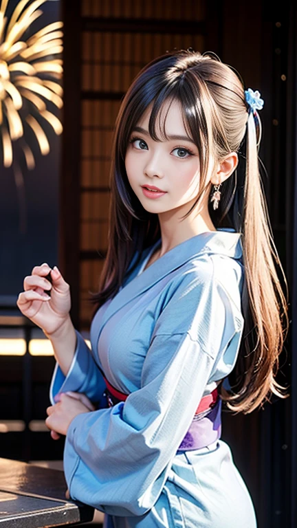 ((highest quality)), ((masterpiece)), (Very detailed), (Very high resolution), 4k, Anime 2D Rendering, Realistic, 
One Girl:1.5, 
BREAK Symmetrical Face:1.4, Perfect Face, Beautiful clavicle, Beautiful fingers, Beautiful breasts, (Slightly smaller chest), 
Beautiful body, Beautiful thighs, Beautiful feet, Perfect round butt, (Detailed skin), Beautiful white skin:1.5, Shiny skin:1.4, 
BREAK Baby Face, cute, 18-year-old, 
Double eyelids, Natural eyebrows, 
(Slanted Eyes), Beautiful and delicate eyes, Sparkling eyes, (Dark blue eyes), 
Glossy mouth, 
BREAK Beautiful Hair, Shiny Hair, Hair fluttering, bangs, (Silver Hair), ((Straight Long Hair:1.5)), 
BREAK 

(Light blue yukata:1.4、Floral Yukata:1.4)、
Earrings、
BREAK 

(Embarrassed), Cowboy Shot, Turn your body to the viewer,Fireworks display
