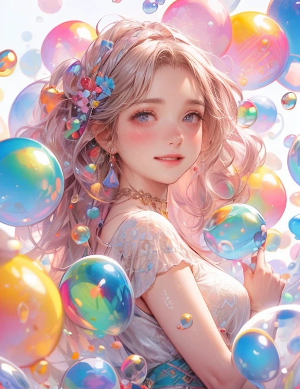 masterpiece:1.2, highest quality, 16k, highres, ultra-realistic:1.37, beautiful detailed:1.2, beautiful woman, standing, beautiful posing, bubble, heart shape bubbles:1.5, Countless bubbles (heart shape:1.2, vibrant colors), bubbles of various sizes, bubbles:1.2, too many bubbles:1.2, happily smile, beautiful delicate(hair, face, long eyelash, eyes, pupils, lips, knee, anklet, bubbles), sparkling eyes, shining rosy lips, blushed cheek, through bangs,