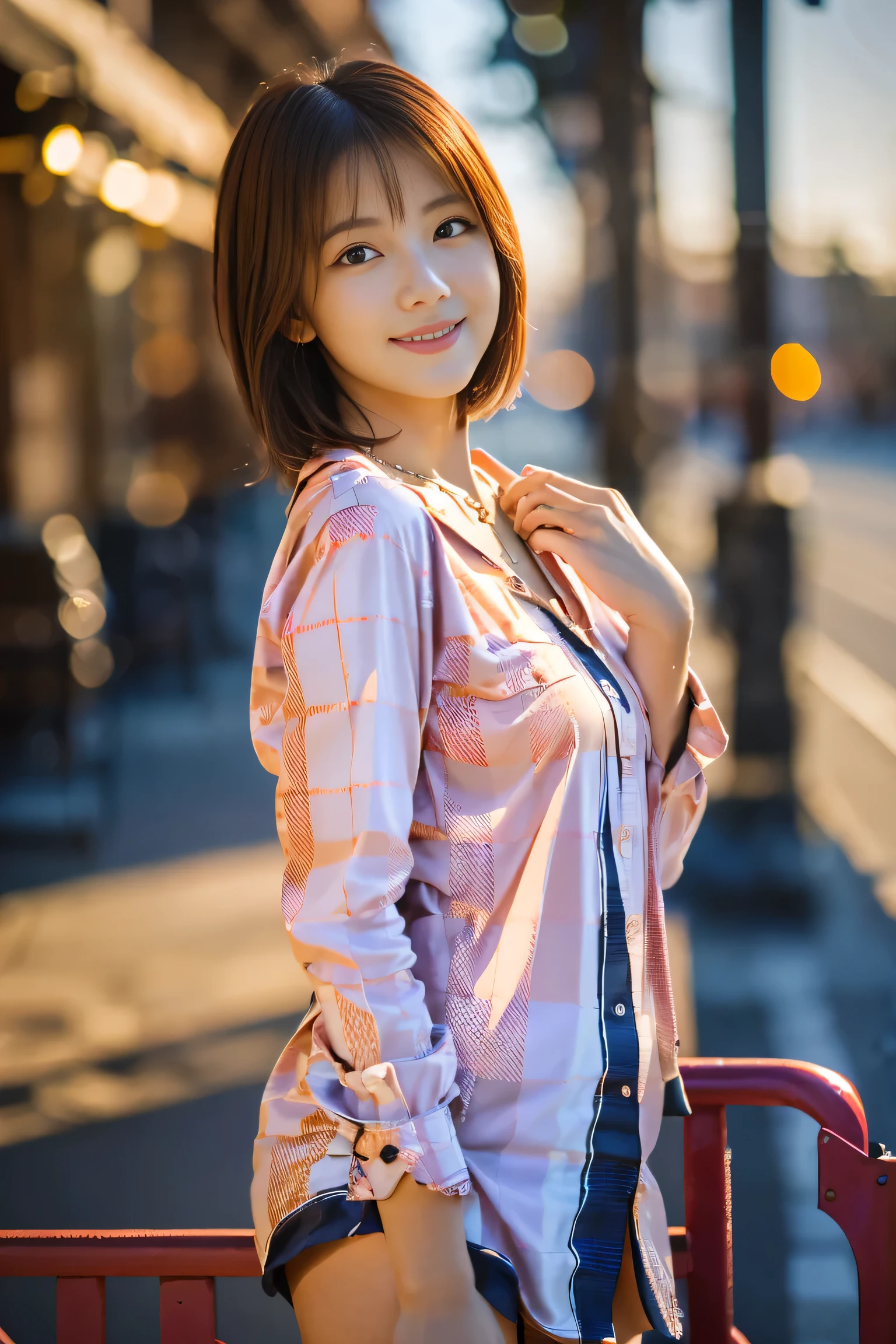 (Full body shot from head to toe:1.5),(18-year-old female), (The best quality at its best:1.4), (Super detailed), (Very detailed CG unified 16k), Beautiful woman with perfect figure: 1.4, Sharp focus: 1.2, Very detailed, High-quality RAW color photos, Professional photography, Great face and eyes, Beautiful eyelashes、cosmetics, (Amazingly beautiful girl), ((Pink gingham check shirt, White Flared Cart:1.5)), Are standing, Sexy posture,(harbor:1.3), (View from below), Realistic movie faces, Realistic, ((Realistic natural light brown hair color, Realistic blue eyes)),( Short Bob Hair:1.5), (necklace:1.5)、Very beautiful face, Perfect model beauty, Mouth swelling, Highly detailed face and skin texture, Fine grain, double eyelid, Medium chest, smile, Crack, west, (masterpiece), highest quality, High resolution, Very detailed, Blurred Background, Depth of written boundary, Cinema Lighting, Great legs, High heels, Clear, well-maintained skin,